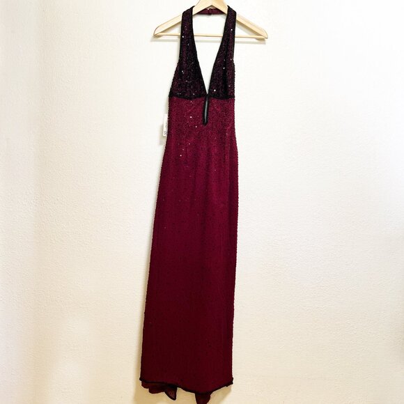 NWT SCALA Sequined Evening Beaded Halter Silk Burgundy Maxi Prom Dress L 9-10 - Picture 3 of 15